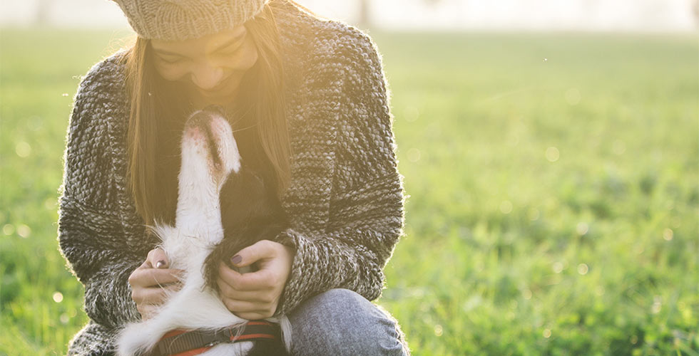 baasje met hond op grasveld